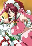  alcohol armpits bell blue_eyes bottle breasts christmas cirima covered_nipples crop_top elbow_gloves error flay_allster fur gift gloves gundam gundam_seed hat large_breasts midriff pink_hair pink_legwear sack santa_costume santa_hat sitting solo thighhighs wine 