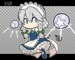  5533 blue_eyes braid chibi izayoi_sakuya knife maid necktie pocket_watch ribbon short_hair silver_hair solo star touhou twin_braids watch 