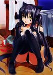  :o animal_ears black_hair elbow_gloves feet gloves hamunohei hands highres k-on! long_hair nakano_azusa paw_pose shoes shoes_removed sitting solo thighhighs uwabaki very_long_hair yellow_eyes 