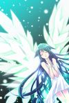  akizou. blue_hair closed_eyes dress hands_clasped long_hair open_mouth own_hands_together saya saya_no_uta solo sundress wings 