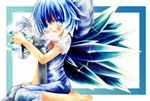  bad_id bad_pixiv_id barefoot blue_eyes blue_hair blush bow cirno electric_fan hair_bow highres mundane_utility short_hair solo souzyu touhou wings 