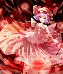  adapted_costume arm_ribbon bare_shoulders danmaku dress fang fangs frills hat lace leg_ribbon no_nose open_mouth purple_hair red red_eyes remilia_scarlet ribbon smile solo touhou vetina wings 