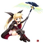  bardiche belt blonde_hair boots cape elbow_gloves fate_testarossa gloves hair_ribbon long_hair lyrical_nanoha mahou_shoujo_lyrical_nanoha mahou_shoujo_lyrical_nanoha_the_movie_1st red_eyes ribbon solo tebukuro thighhighs twintails 