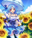  blue_hair dress fang flower long_hair open_mouth original parasol red_eyes riv solo sunflower thighhighs umbrella white_legwear 