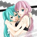  aqua_eyes aqua_hair aqua_nails bad_id bad_pixiv_id blue_eyes bra hatsune_miku highres hug lingerie long_hair marie_no13 megurine_luka multiple_girls nail_polish pink_hair smile twintails underwear vocaloid yuri 