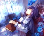  bird blue_flower blue_rose book closed_eyes death dhiea dhiea_seville flower neck_ribbon pause purple_hair ribbon rose sleeping solo 