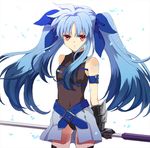  :&lt; arm_strap armor bad_id bad_pixiv_id bangs bare_shoulders belt beltbra blue_hair cowboy_shot fingerless_gloves flat_chest frown gauntlets gloves hair_ribbon halterneck holding holding_weapon leotard long_hair looking_at_viewer loose_belt lyrical_nanoha mahou_shoujo_lyrical_nanoha mahou_shoujo_lyrical_nanoha_a's mahou_shoujo_lyrical_nanoha_a's_portable:_the_battle_of_aces masui material-l miniskirt multicolored_hair parted_bangs pleated_skirt polearm red_eyes ribbon showgirl_skirt sidelocks simple_background skirt solo thighhighs turtleneck twintails two-tone_hair very_long_hair vulnificus weapon white_background 