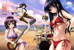  akiyama_mio ass beach bikini black_hair blush breasts brown_hair butt_crack cleavage covered_nipples drum drum_set electric_guitar footprints front-tie_top guitar hair_ornament hairclip halterneck hirasawa_yui instrument k-on! kotobuki_tsumugi large_breasts long_hair looking_at_viewer looking_back medium_breasts multiple_girls nakano_azusa navel obiwan one_eye_closed open_mouth parody side-tie_bikini striker_unit striped striped_bikini striped_swimsuit swimsuit tail tainaka_ritsu topless underboob world_witches_series 