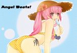  angel_beats! ass bad_id bad_pixiv_id bent_over bikini flower food hat hibiscus long_hair pink_eyes pink_hair popsicle solo straw_hat swimsuit taruto_(taruto827) twintails yui_(angel_beats!) 