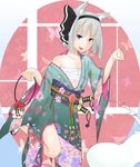  animal_ears black_hairband blue_eyes cat_ears fang ghost hairband highres japanese_clothes katana kemonomimi_mode kimono kinchaku konpaku_youmu konpaku_youmu_(ghost) obi off_shoulder paw_pose pouch sarashi sash short_hair silver_hair solo standing standing_on_one_leg sword touhou vinny weapon 