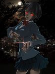  black_hair bob_cut breasts city cloud durarara!! full_moon glasses glowing glowing_eyes isumi_sayaka large_breasts moon night pleated_skirt red_eyes school_uniform short_hair skirt solo sonohara_anri sword tree weapon 