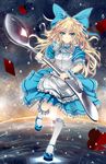  absurdres alice_(wonderland) alice_in_wonderland apron blonde_hair blue_eyes frills glycyrrhizae hair_ribbon highres long_hair mary_janes ribbon shoes solo spoon 