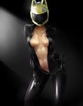  animal_helmet black_bodysuit bodysuit breasts celty_sturluson center_opening cleavage durarara!! helmet medium_breasts motorcycle_helmet solo sweat tetler unzipped 
