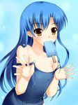  blue_hair brown_eyes flat_chest food idolmaster idolmaster_(classic) kisaragi_chihaya long_hair mouth_hold odayan one-piece_swimsuit popsicle pulled_by_self school_swimsuit solo strap_pull swimsuit swimsuit_pull 