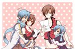  &gt;_&lt; 2girls bad_id bad_pixiv_id blue_eyes blue_hair blue_scarf blush brown_eyes brown_hair closed_eyes genderswap genderswap_(ftm) genderswap_(mtf) hug kaiko kaito meiko meito midriff multiple_boys multiple_girls muro_(ninimohu) pink_background polka_dot polka_dot_background scarf short_hair simple_background sweatdrop vocaloid 