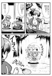  alternate_hairstyle breasts cleavage comic dancing fan greyscale highres iwatobi_hiro kochiya_sanae large_breasts monochrome moriya_suwako multiple_girls one_eye_closed ponytail pyonta rain touhou translated yasaka_kanako 