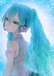  blue_eyes blue_hair hatsune_miku headphones headset highres long_hair maiko_kuzuga solo twintails vocaloid wavy_hair 