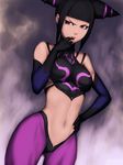  bangs bare_shoulders black_hair blunt_bangs breasts detached_sleeves drill_hair dudou fumio_(rsqkr) gloves halter_top halterneck han_juri hand_on_hip large_breasts looking_to_the_side midriff navel purple_eyes short_hair solo street_fighter street_fighter_iv_(series) twin_drills underboob 