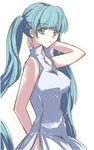  aqua_eyes aqua_hair dress earrings hatsune_miku jewelry long_hair momochin0426 simple_background solo twintails very_long_hair vocaloid 