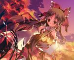  autumn ayuka blush brown_eyes brown_hair detached_sleeves hakurei_reimu leaf lens_flare solo sunset touhou v 