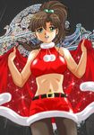  bare_shoulders belt bishoujo_senshi_sailor_moon brown_hair cape christmas crop_top green_eyes halter_top halterneck kino_makoto kobe midriff miniskirt navel open_mouth pantyhose photo_background ponytail ranpu santa_costume skirt smile solo 