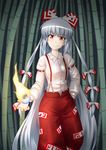  absurdres bamboo bamboo_forest bow deathmegane fire forest fujiwara_no_mokou hair_bow hair_ribbon highres long_hair nature pants red_eyes ribbon silver_hair smirk solo suspenders touhou very_long_hair 