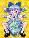  blue_eyes blue_hair bow cirno frog frozen frozen_frog hair_bow short_hair solo touhou umiwata wings 