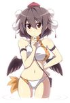  adapted_costume bare_shoulders bikini black_hair brown_hair chin_rest hand_on_hip hand_on_own_face hat hauchiwa leaf-pattern_stripe looking_at_viewer navel red_eyes ripples shameimaru_aya short_hair solo sports_bikini swimsuit tassel tokin_hat touhou touya_(the-moon) wading wings 