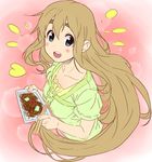  bad_id bad_pixiv_id blue_eyes blush brown_hair casual chopsticks food happy k-on! kotobuki_tsumugi long_hair pirano smile solo upper_body yakisoba 