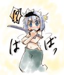  1girl blush embarrassed konpaku_youmu midriff nanaroku_(fortress76) navel sarashi solo surprised sword touhou weapon 