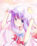 animal_ears blush bow cat_ears crescent holding long_hair looking_up no_hat no_headwear open_mouth patchouli_knowledge purple_eyes purple_hair shichinose solo touhou veil 