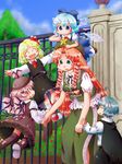  5girls animal_ears antennae blonde_hair blue_eyes blue_hair bow braid cape china_dress chinese_clothes cirno dress earrings green_eyes green_hair hair_bow hair_ribbon hat hong_meiling jewelry long_hair matty_(zuwzi) multiple_girls mystia_lorelei outstretched_arms pink_hair red_hair ribbon rumia short_hair spread_arms sweatdrop team_9 touhou twin_braids wings wriggle_nightbug 