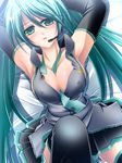  aqua_eyes aqua_hair armpits arms_up between_breasts blush breasts cleavage covered_nipples detached_sleeves hatsune_miku headset large_breasts long_hair lying necktie reiha_(penetrate) skirt solo thighhighs twintails very_long_hair vocaloid 