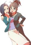  6066 akizuki_ritsuko alternate_hairstyle bad_id bad_pixiv_id folded_ponytail hand_on_hip hug idolmaster idolmaster_(classic) idolmaster_2 miura_azusa multiple_girls short_hair 