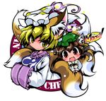  animal_ears blonde_hair brown_hair cat_ears cat_tail chen earrings fox_ears fox_tail hat ikuta_takanon jewelry multiple_girls multiple_tails red_eyes short_hair tail touhou yakumo_ran yellow_eyes 