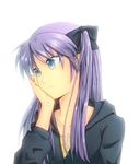  bad_id bad_pixiv_id blue_eyes chin_rest darkers expressionless face hair_ribbon hiiragi_kagami lucky_star purple_hair ribbon simple_background solo twintails 