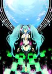  absurdres aqua_hair bad_id bad_pixiv_id barefoot bridal_gauntlets closed_eyes hatsune_miku hatsune_miku_(append) highres komai-nue legs long_hair musical_note navel necktie smile solo thighhighs twintails very_long_hair vocaloid vocaloid_append 