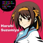  album_cover bad_id bad_pixiv_id brown_eyes brown_hair cover face hairband k-on! kita_high_school_uniform parody ribbon school_uniform short_hair simple_background solo suzumiya_haruhi suzumiya_haruhi_no_yuuutsu zero_(19851107) 