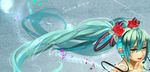  aqua_hair flower green_eyes hair_flower hair_ornament hatsune_miku headset highres ilmkilt long_hair musical_note rose smile solo twintails upper_body very_long_hair vocaloid 