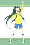  2010_fifa_world_cup brazil closed_eyes facepaint fang green_hair highres long_hair rokujou_jun soccer_uniform solo sportswear suzumiya_haruhi_no_yuuutsu tsuruya world_cup 