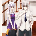  alternate_costume apron asa_inu bow contemporary cosplay dress_shirt english fujiwara_no_mokou hair_bow hand_in_pocket kamishirasawa_keine long_hair multiple_girls necktie pants red_eyes shirt silver_hair touhou yakumo_yukari yakumo_yukari_(cosplay) 