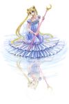  30 back_bow bad_id bad_pixiv_id bare_shoulders bishoujo_senshi_sailor_moon blonde_hair blue_eyes bow crescent detached_sleeves double_bun dress long_hair princess_serenity reflection solo staff tsukino_usagi twintails water 