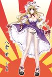  blonde_hair breasts character_name dress dress_lift elbow_gloves full_body gloves hat legs long_hair medium_breasts pantyhose purple_eyes sheer_legwear solo spanking_momoko standing touhou white_gloves white_legwear wind wind_lift yakumo_yukari 