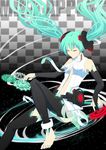  absurdres aqua_hair bad_id bad_pixiv_id barefoot center_opening character_name checkered checkered_background closed_eyes feet floating_hair hatsune_miku hatsune_miku_(append) highres hologram holographic_interface infinote long_hair necktie solo twintails vocaloid vocaloid_append 