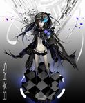  bad_id bad_pixiv_id bikini_top black_hair black_rock_shooter black_rock_shooter_(character) blue_eyes boots burning_eye coat gatling_gun goggles goggles_on_head gun helmet highres long_hair midriff navel nil pale_skin scar shorts solo twintails very_long_hair weapon 