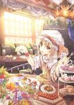  absurdres apple banana blonde_hair cake flandre_scarlet flower food fruit fruit_punch grapes hat highres juice ponytail red_eyes short_hair side_ponytail solo stuffed_animal stuffed_toy teddy_bear touhou wings 