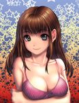  bangs bare_shoulders blue_eyes blunt_bangs breast_hold breasts brown_hair cleavage closed_mouth collarbone crossed_arms eyelashes highres kamdia large_breasts long_hair looking_at_viewer making_of original smile solo star starry_background upper_body 