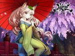  animal_ears bare_shoulders big_hair blue_eyes breasts bridge cherry_blossoms cleavage fox_ears highres japanese_clothes kimono leaf leaf_on_head medium_breasts oboro_muramasa off_shoulder official_art oriental_umbrella parasol shigatake sitting solo tail text_focus tree umbrella wallpaper white_hair yuzuruha 