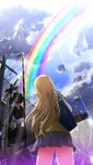  71 blonde_hair cloud from_behind from_below k-on! kotobuki_tsumugi lens_flare long_hair railroad_crossing rainbow skirt sky solo sun umbrella 
