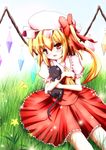  blonde_hair cat flandre_scarlet hanetsuki_tokei hat hug red_eyes short_hair side_ponytail sitting solo touhou wings 